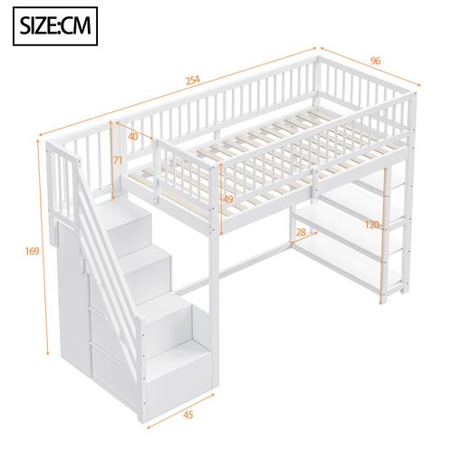 Lit Mezzanine 90x200 Cm, Barrière Haute De Sécurité, Armoire Et Étagères Intégrées, En Bois Blanc