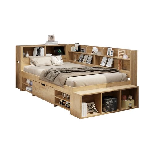 Lit Enfant 90x200 Cm, Multifonction Avec Rangements Ouverts, 1 Tiroir, Contreplaqué, Couleur Bois