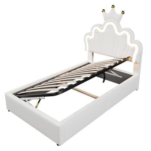 Lit Coffre Lit Princesse 90x200 Cm, Tête De Lit Réglable En Forme De Couronne à LED, Pu Blanc
