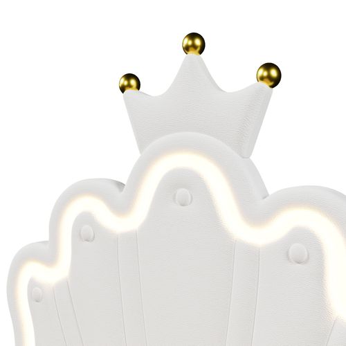 Lit Coffre Lit Princesse 90x200 Cm, Tête De Lit Réglable En Forme De Couronne à LED, Pu Blanc