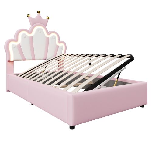 Lit Coffre Lit Princesse 90x200 Cm, Tête De Lit Réglable En Forme De Couronne à LED, Pu Rose