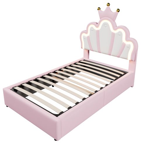 Lit Coffre Lit Princesse 90x200 Cm, Tête De Lit Réglable En Forme De Couronne à LED, Pu Rose