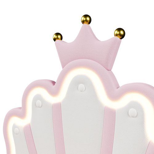 Lit Coffre Lit Princesse 90x200 Cm, Tête De Lit Réglable En Forme De Couronne à LED, Pu Rose