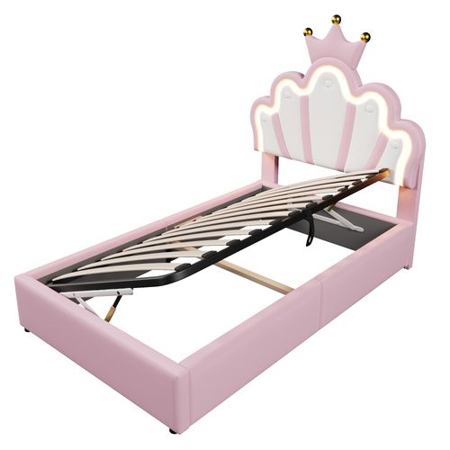 Lit Coffre Lit Princesse 90x200 Cm, Tête De Lit Réglable En Forme De Couronne à LED, Pu Rose