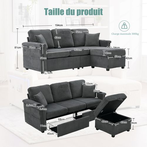 Canapé Modulable 194x73x81 Cm, LED, 2 Tiroirs Spacieux, Coffre, Velours Côtelé, Gris Foncé
