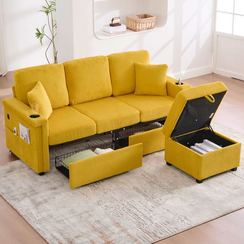 Canapé Modulable 194x73x81 Cm, LED Et USB C, 2 Tiroirs, Pouf, Tissu Velours Côtelé, Jaune Moutarde