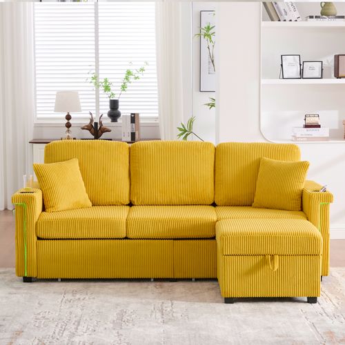 Canapé Modulable 194x73x81 Cm, LED Et USB C, 2 Tiroirs, Pouf, Tissu Velours Côtelé, Jaune Moutarde