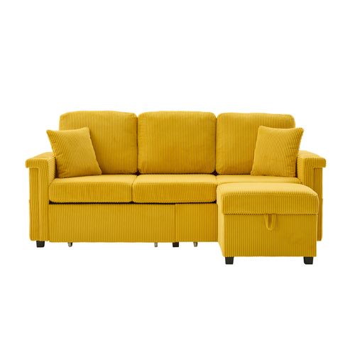 Canapé Modulable 194x73x81 Cm, LED Et USB C, 2 Tiroirs, Pouf, Tissu Velours Côtelé, Jaune Moutarde