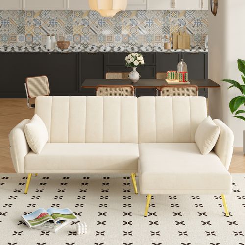 Canapé D'angle 191.5x130.5x80 Cm, Dossier Convertible 3 Réglages, Métal Et Bois, Velours, Beige+doré