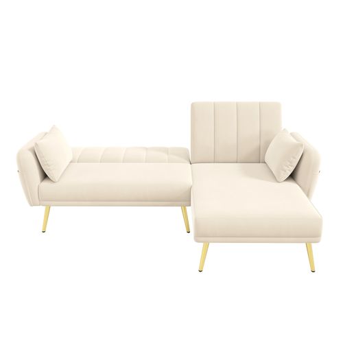 Canapé D'angle 191.5x130.5x80 Cm, Dossier Convertible 3 Réglages, Métal Et Bois, Velours, Beige+doré