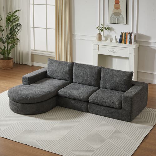 Canapé Modulable 3 Places 251x160x81 Cm, Chaise Longue Réversible Avec Coussins, Chenille Gris