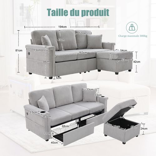 Canapé Modulable 194x73x81 Cm, LED Port USB-c, Pouf Coffre, Velours Côtelé, Gris Clair