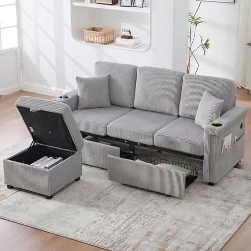 Canapé Modulable 194x73x81 Cm, LED Port USB-c, Pouf Coffre, Velours Côtelé, Gris Clair
