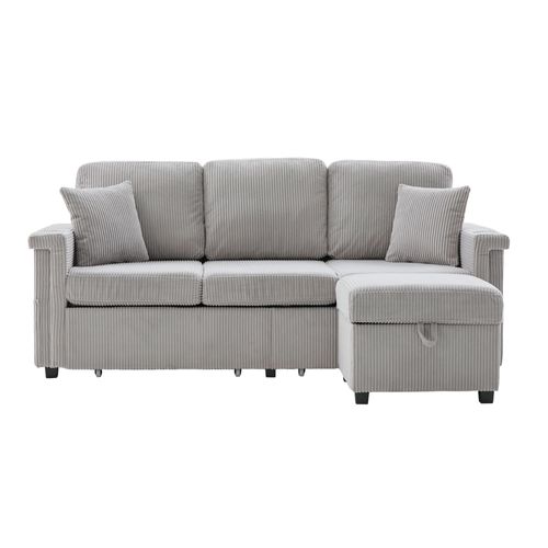 Canapé Modulable 194x73x81 Cm, LED Port USB-c, Pouf Coffre, Velours Côtelé, Gris Clair