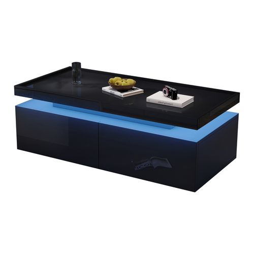 Table Basse 95x45x35 Cm, LED Pilotable, 2 Tiroirs, Plateau En Finition Brillante, Pb, Noir