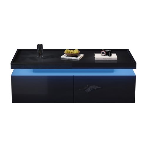 Table Basse 95x45x35 Cm, LED Pilotable, 2 Tiroirs, Plateau En Finition Brillante, Pb, Noir