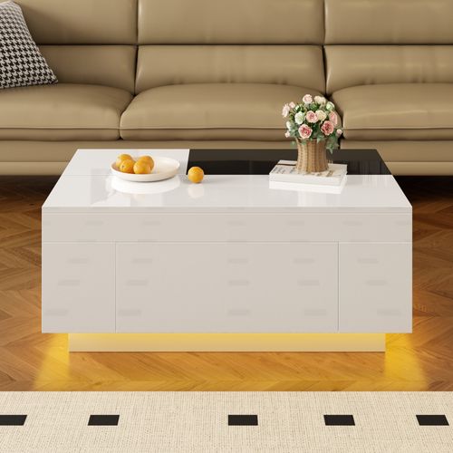 Table Basse, Avec Rangement, LED, Plateau Extensible, Moderne, Mdf, Blanc+noir