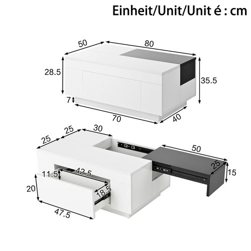 Table Basse, Avec Rangement, LED, Plateau Extensible, Moderne, Mdf, Blanc+noir