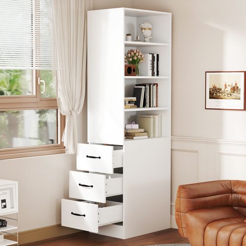 Bibliothèque Haute 60x38x180 Cm, 3 Tiroirs Latéraux, 4 Niches, Panneaux De Particules, Blanc