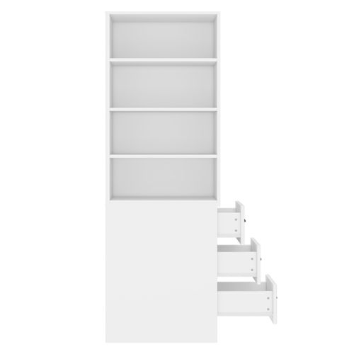 Bibliothèque Haute 60x38x180 Cm, 3 Tiroirs Latéraux, 4 Niches, Panneaux De Particules, Blanc