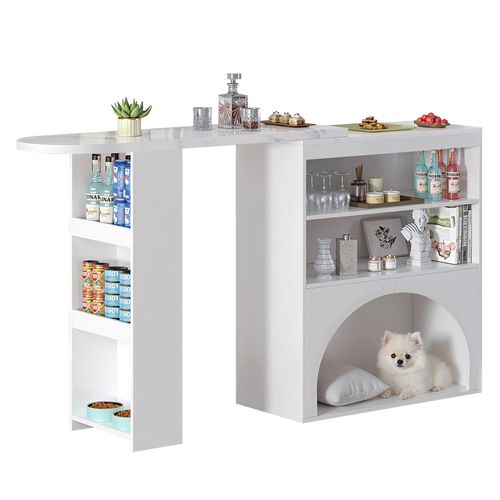 Table De Bar Extensible 120(+80)x40x100 Cm, Motif De Marbre En Mdf, Niche Pour Animal, Blanc