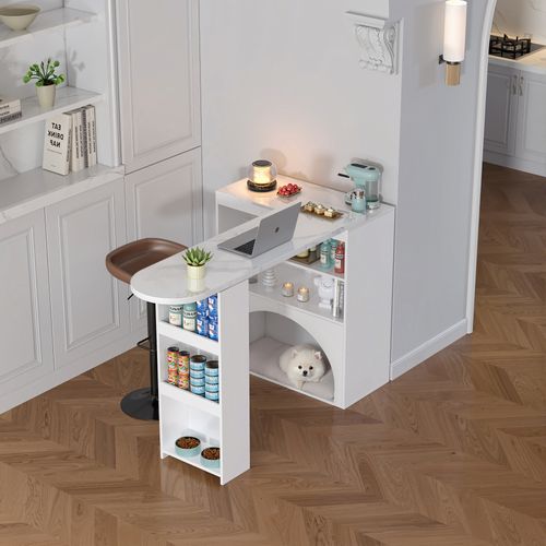 Table De Bar Extensible 120(+80)x40x100 Cm, Motif De Marbre En Mdf, Niche Pour Animal, Blanc