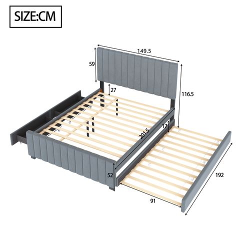 Lit Gigogne 140x190+90x190 Cm, 2 Tiroirs De Rangement, Mdf, Métal, Velours, Gris