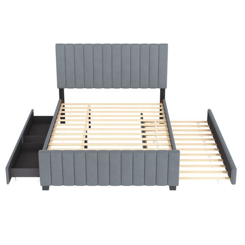 Lit Gigogne 140x190+90x190 Cm, 2 Tiroirs De Rangement, Mdf, Métal, Velours, Gris