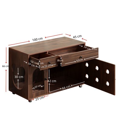 Meuble à Litière Chat 100x45x66 Cm, Tiroirs De Rangement, 2 Portes, Mdf, Couleur Brun
