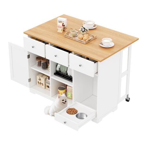 Îlot De Cuisine Mobile 120x45-70x90 Cm, Plateau Extensible, 3 Tiroirs, 2 Niches, Mdf, Blanc+bois