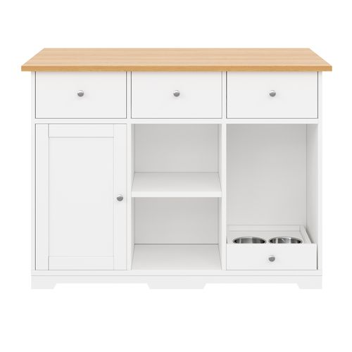 Îlot De Cuisine Mobile 120x45-70x90 Cm, Plateau Extensible, 3 Tiroirs, 2 Niches, Mdf, Blanc+bois