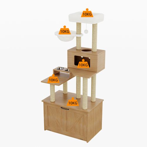 Arbre à Chat 80x50x173 Cm, Grande Plateforme, Hamac, Mdf, Peluche, Couleur Bois+blanc