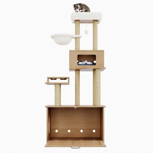 Arbre à Chat 80x50x173 Cm, Grande Plateforme, Hamac, Mdf, Peluche, Couleur Bois+blanc