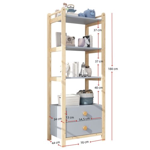 Étagère 70x44x180 Cm, 3 Étagères Ouvertes, 2 Tiroirs, Cadre En Pin Et Plateaux En Mdf, Bleu+bois