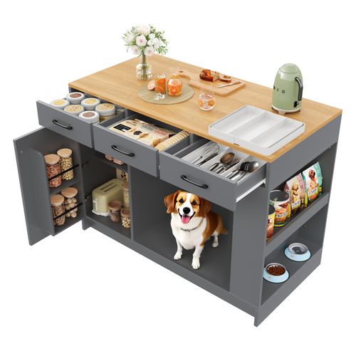 Îlot De Cuisine Multifonction 120x60x90 Cm, 3 Tiroirs, Rangement, Mdf, Gris Et Bois Naturel