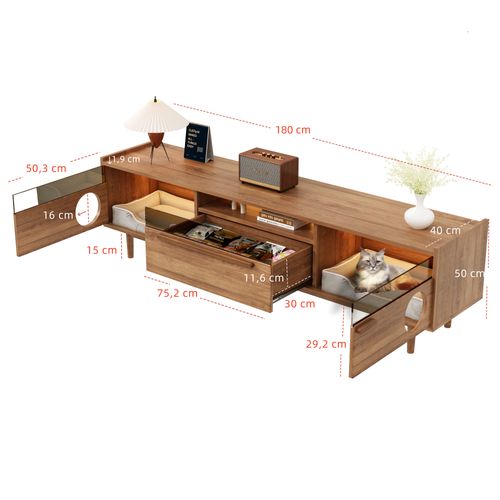 Meuble TV 180x40x50 Cm, Ouverture Pour Chat Et Éclairage LED, Verre Trempé Et Mdf, Couleur Brun