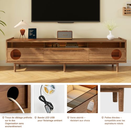 Meuble TV 180x40x50 Cm, Ouverture Pour Chat Et Éclairage LED, Verre Trempé Et Mdf, Couleur Brun