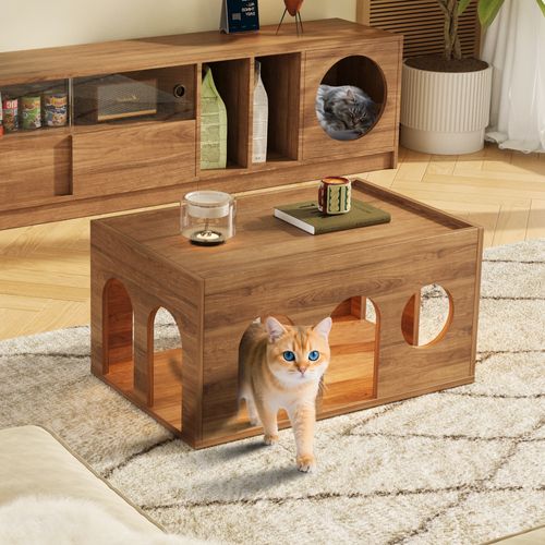 Table Basse 80x50x40cm, Double Fonction, Refuge Pour Chat, Ouvertures Ludiques, Mdf, Bois Foncé
