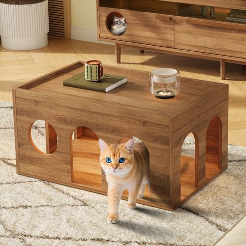 Table Basse 80x50x40cm, Double Fonction, Refuge Pour Chat, Ouvertures Ludiques, Mdf, Bois Foncé