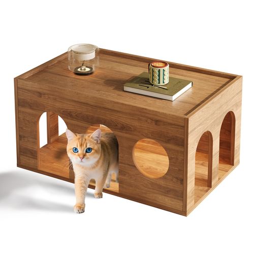 Table Basse 80x50x40cm, Double Fonction, Refuge Pour Chat, Ouvertures Ludiques, Mdf, Bois Foncé