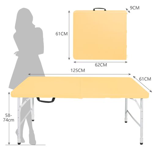 Table Pliante 125x61 Cm, Hauteur Réglable 58 à 74 Cm, Plastique Et Fer, Couleur Jaune