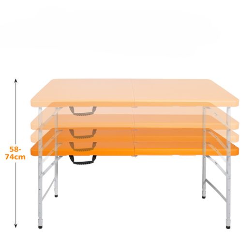 Table Pliante 125x61x58-74 Cm, Hauteur Réglable, Plateau Plastique, Structure Acier, Couleur Orange