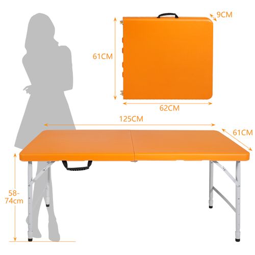 Table Pliante 125x61x58-74 Cm, Hauteur Réglable, Plateau Plastique, Structure Acier, Couleur Orange