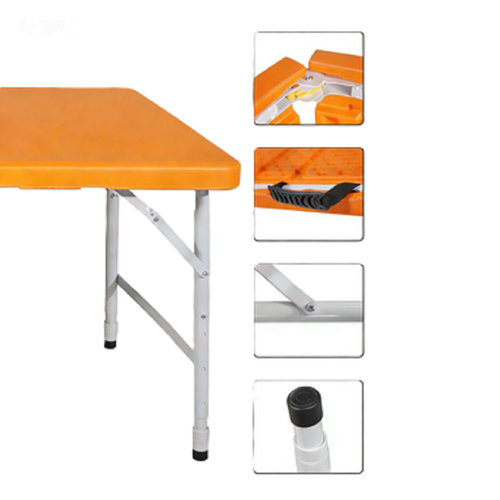 Table Pliante 125x61x58-74 Cm, Hauteur Réglable, Plateau Plastique, Structure Acier, Couleur Orange