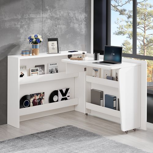 Bureau Pliable 139x115x93 Cm, Surface 95x51 Cm, Chargeur Sans Fil, Panneau De Particules, Blanc
