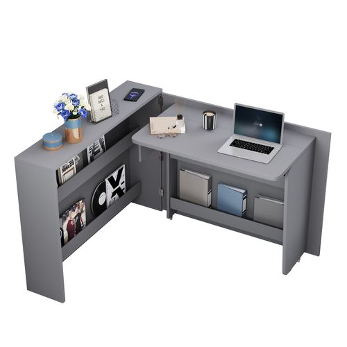 Bureau Pliant 139x115x93 Cm, Surface 95x51 Cm Avec Chargeur Sans Fil, Panneau De Particules, Gris