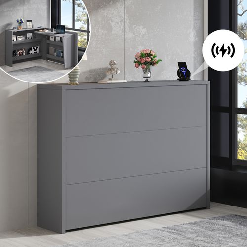 Bureau Pliant 139x115x93 Cm, Surface 95x51 Cm Avec Chargeur Sans Fil, Panneau De Particules, Gris