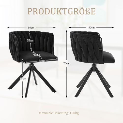 Lot De 2 Chaises Pivotante 65x60x85 Cm, Rotation 180°, Pieds Métal Renforcé, Velours Noir