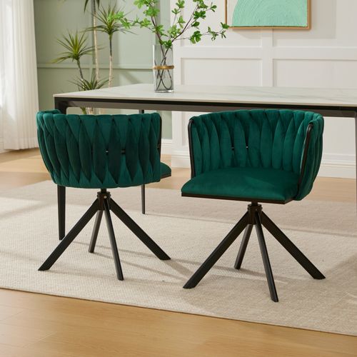 Lot De 2 Chaises Pivotant 75x70x90 Cm, Rotation 180 Degrés, Pieds En Métal Renforcé, Velours, Vert