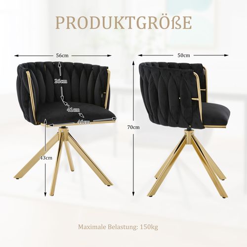 Lot De 2 Chaises Pivotant 180°, 56x50x70 Cm, Ergonomique, Métal, Velours, Couleur Noir+doré
